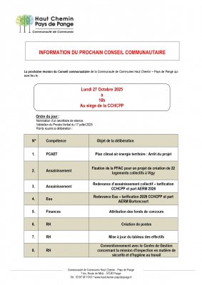 INFORMATIONS DU PROCHAIN CONSEIL COMMUNAUTAIRE